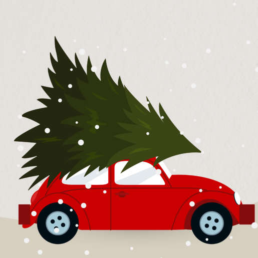 Rode auto met kerstboom